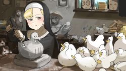 3girls ^_^ ^o^ aged_down aquarium bernese_mountain_dog bird blonde_hair broken brown_hair carving catfish chicken chisel closed_eyes commentary covering_own_eyes cowering curtains diva_(hyxpk) dog duck duckling english_commentary fish fishing_rod food glasses habit hammer hat highres little_nuns_(diva) mother_superior_(diva) multiple_girls nervous_sweating nose_bubble nun pancake pancake_nun_(diva) pancake_stack peeking puppy rubber_duck scared sculpture sketch sleeping slice_of_life spicy_nun&#039;s_mother_(diva) spread_wings straw_hat sweat thumbs_up timeskip tongue tongue_out traditional_nun upper_body window yellow_eyes