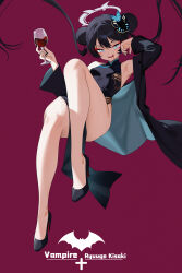 1girl absurdres bare_legs black_dress black_hair black_jacket black_nails black_shoes blood blood_in_mouth blue_archive breasts cup double_bun dress drinking_glass eyeshadow floating_hair full_body grey_eyes hair_bun halo high_heels highres holding holding_cup jacket kisaki_(blue_archive) long_hair long_sleeves makeup momobug22 open_clothes open_jacket open_mouth pelvic_curtain red_background red_eyeshadow shoes solo very_long_hair wine_glass