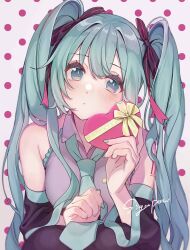 Rule 34 | 1girl, aqua eyes, aqua hair, aqua nails, aqua trim, arm tattoo, bare shoulders, black ribbon, black sleeves, black thighhighs, blush, box, breast pocket, breasts, closed mouth, collared shirt, commentary, detached sleeves, frilled shirt, frills, gift, gift box, green necktie, grey background, grey shirt, hair between eyes, hair ribbon, hands up, hatsune miku, heart, heart-shaped box, heart-shaped pupils, highres, holding, holding box, holding gift, knees up, long hair, long sleeves, looking at viewer, loose necktie, medium breasts, nail polish, necktie, number tattoo, pocket, polka dot, polka dot background, ribbon, shigupon, shirt, sidelocks, signature, sleeveless, sleeveless shirt, solo, squatting, symbol-shaped pupils, tattoo, thighhighs, twintails, upper body, very long hair, vocaloid, wide sleeves