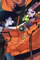 1boy black_shirt chain chain_necklace close-up closed_mouth dark-skinned_male dark_skin duraludon gen_3_pokemon gen_5_pokemon gen_6_pokemon gen_7_pokemon gen_8_pokemon gigalith goodra hood hood_up hooded_jacket jacket jewelry male_focus moge-hera necklace nintendo orange_jacket patch pokemon pokemon_swsh raihan_(pokemon) sandaconda shirt torkoal turtonator zipper zipper_pull_tab