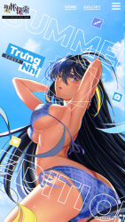1girl armpits arms_behind_head arms_up ass ayane_sakura_(ayane_939) back bare_shoulders bikini black_hair blonde_hair blue_bikini blue_sky breasts character_name dark-skinned_female dark_skin fate/grand_order fate_(series) hair_between_eyes highres long_hair looking_at_viewer looking_back medium_breasts multicolored_hair sky solo streaked_hair swimsuit trung_nhi_(fate) yellow_eyes