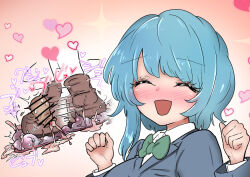 1boy 1girl atotama ball_busting bdsm blue_hair castration cbt cum ejaculation femdom heart penis ribbon school_uniform short_hair smile stepping_on_penis testicles trampling_testicles