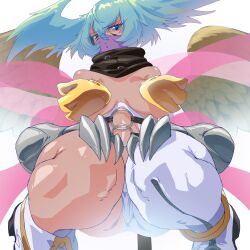 1girl absurdres angewomon angewomon_(cosplay) asymmetrical_clothes bare_shoulders belt black_belt black_scarf blue_eyes blue_hair bodysuit boobplate breastplate breasts breasts_apart brown_wings claws closed_mouth clothing_cutout commentary_request cosplay covered_mouth digimon digimon_(creature) facial_mark feathered_wings feet_out_of_frame gerusyu hagoromo hair_between_eyes head_wings highres holy_ring large_breasts looking_at_viewer mask mouth_mask ninja_mask o-ring o-ring_belt paid_reward_available scarf shawl shutumon sidelocks simple_background solo squatting stomach stomach_cutout white_background white_bodysuit wings