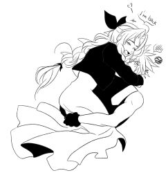 1boy 1girl aerith_gainsborough arms_around_neck black_gloves black_jacket black_ribbon black_shirt blush braid braided_ponytail closed_eyes cloud_strife couple cropped_jacket demonerith dress english_text final_fantasy final_fantasy_vii furrowed_brow gloves greyscale hair_between_eyes hair_ribbon hetero highres jacket long_dress long_hair long_sleeves monochrome open_mouth parted_bangs ribbon shirt short_hair sidelocks single_braid sketch sleeveless sleeveless_shirt smile spiked_hair spoken_blush upper_body white_background