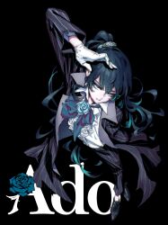 1girl absurdres ado_(utaite) audacity2exist black_background black_coat black_pants black_shoes blue_eyes blue_flower blue_hair blue_rose brooch chando_(ado) character_name coat commentary_request flower flower_brooch gloves highres jewelry long_hair long_sleeves mole mole_under_eye official_art pants pinstripe_coat pinstripe_pants pinstripe_pattern ponytail rose shirt shoes simple_background solo utaite white_gloves white_shirt