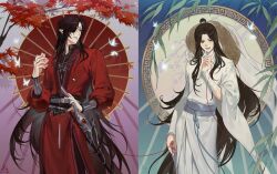 Rule 34 | 2boys, absurdly long hair, absurdres, arm at side, autumn leaves, bamboo leaf, bandaged neck, bandaged wrist, bandages, beads, bishounen, black hair, black nails, black pants, black sash, blue background, bracelet, branch, brown hair, bug, butterfly, butterfly necklace, butterfly on hand, chinese clothes, chinese peony, circle, contrapposto, cursed shackle, curtained hair, earrings, eyepatch, facing viewer, falling petals, feet out of frame, fingernails, floating hair, flower, glowing, glowing butterfly, gold trim, gradient background, green background, grey background, grey eyes, hair bun, half-closed eyes, hand on weapon, hand up, hanfu, hat, highres, holding, holding flower, hoop earrings, hua cheng, insect, jewelry, leaf, light rays, light smile, long hair, long sidelocks, long sleeves, looking at animal, looking at another, looking down, looking to the side, male focus, mandarin collar, motudou, multiple boys, necklace, o-ring, oil-paper umbrella, pale skin, pants, parted bangs, parted lips, petals, pink background, pink flower, pointy ears, puffy long sleeves, puffy sleeves, red eyes, red hanfu, red umbrella, rice hat, sash, scimitar, see-through clothes, see-through veil, shadow, sharp fingernails, sheath, sheathed, side slit, sidelocks, signature, silhouette, silver belt, silver bracelet, silver earrings, silver necklace, silver trim, simple background, single hair bun, split screen, standing, straight hair, string, string around finger, string of fate, swept bangs, sword, sword tassel, tassel, tianguan cifu, tree, umbrella, unworn hat, unworn headwear, veil, very long hair, wavy hair, weapon, white butterfly, white hanfu, wide sleeves, xie lian, yellow background