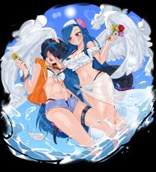 2girls absurdres artist_name bikini black_hair blue_hair breasts dizzy_(guilty_gear) feathered_wings flower guilty_gear guilty_gear_strive hair_flower hair_ornament hair_over_one_eye hand_on_another&#039;s_head highres holding holding_flower hood hoodie large_breasts long_hair medium_breasts mother_and_daughter multicolored_hair multiple_girls open_clothes open_fly open_hoodie queen_dizzy red_eyes sarong short_shorts shorts sleeveless sleeveless_hoodie streaked_hair swimsuit tail teeth thighs unika_(guilty_gear) upper_teeth_only very_long_hair wanderjegson water wings
