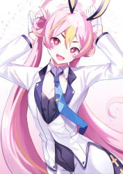 +_+ 1girl :d animal_ears black_leotard blue_archive blue_necktie commentary_request cowboy_shot fake_animal_ears fang gloves halo highres koyuki_(blue_archive) koyuki_(bunny)_(blue_archive) leotard long_hair long_sleeves looking_at_viewer multicolored_hair necktie open_mouth pantyhose pink_eyes pink_hair pink_halo playboy_bunny rabbit_ears simple_background skin_fang smile solo streaked_hair twintails white_background white_gloves white_pantyhose yashiro_osa