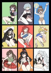 Rule 34 | 6+girls, angela (project moon), angelica (project moon), bikini, binah (project moon), black bikini, black eyes, black hair, black one-piece swimsuit, blonde hair, blue hair, braid, breasts, brown hair, carmen (project moon), cleavage, closed mouth, gebura (project moon), grin, hair bun, hat, high ponytail, highres, hod (project moon), kojocho05, large breasts, library of ruina, long hair, looking at viewer, malkuth (project moon), medium breasts, medium hair, multiple girls, one-piece swimsuit, parted bangs, ponytail, project moon, red eyes, red hair, sandals, short hair, side braid, side ponytail, sidelocks, smile, sun hat, swimsuit, tiphereth a (project moon), very long hair, white hair, white hat, xiao (project moon)