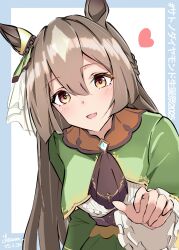 1girl absurdres animal_ears ascot blue_border border braid brown_ascot brown_eyes brown_hair character_name dated ear_ornament hair_between_eyes heart highres horse_ears horse_girl lesoa light_smile long_hair looking_at_viewer multicolored_hair satono_diamond_(umamusume) signature simple_background sleeves_past_fingers sleeves_past_wrists solo streaked_hair umamusume upper_body white_background
