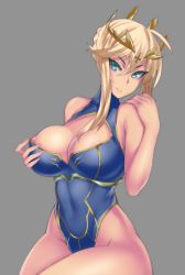 1girl ahoge areola_slip artoria_pendragon_(fate) artoria_pendragon_(lancer)_(fate) blonde_hair braid braided_bun breasts cleavage cleavage_cutout cleavage_window clothing_cutout crown fate/grand_order fate_(series) female_focus green_eyes grey_background hair_bun heattech_leotard hevn highleg highleg_leotard large_breasts leotard long_hair looking_at_viewer simple_background smile solo swept_bangs turtleneck