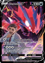 1boy artist_name beard black_hair card_(medium) character_name collared_jacket collared_shirt company_name copyright_name copyright_notice crackling_energy dark-skinned_male dark_skin earrings english_text eternatus eternatus_(normal) facial_hair formal_clothes gen_8_pokemon green_eyes grey_jacket grey_pants hand_on_own_chin jacket jewelry kodama_(pukupuku) legendary_pokemon long_sleeves mustache necktie nintendo official_art open_clothes open_jacket pants pokemon pokemon_(creature) pokemon_card pokemon_swsh pokemon_tcg red_necktie rose_(pokemon) shirt short_hair smile standing suit third-party_source tie_clip trading_card undercut white_shirt