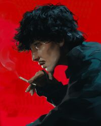 Rule 34 | 1boy, black hair, black jacket, cigarette, commentary, facial hair, from side, highres, holding, holding cigarette, jacket, long sleeves, male focus, mustache, original, profile, red background, sam yang, short hair, simple background, smoke, smoking, solo