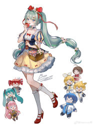 1girl absurdres apple character_doll chibi food fruit full_body hatsune_miku highres holding holding_food holding_fruit kagamine_len kagamine_rin kaito_(vocaloid) kasane_teto kasane_teto_(sv) kneehighs long_hair looking_at_viewer megurine_luka meiko_(vocaloid) mie_haha open_mouth red_shoes shoes simple_background skirt snow_white_(fairy_tale) socks solo stuffed_toy synthesizer_v teeth twintails upper_teeth_only utau very_long_hair vocaloid watermark weibo_watermark white_background white_socks yellow_skirt