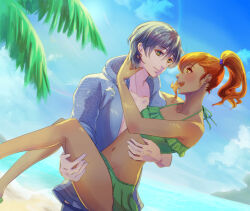 1boy 1girl :d alternate_costume alternate_hairstyle ashe_ubert beach bikini breasts carrying cleavage couple dark-skinned_female dark_skin fire_emblem fire_emblem:_three_houses green_bikini grey_hair hapi_(fire_emblem) hetero navel nintendo ocean open_mouth outdoors ponytail princess_carry red_hair riou_(pooh920) small_breasts smile swimsuit