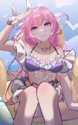 Rule 34 | 1girl, absurdres, bikini, blue sky, breasts, commentary request, diamond-shaped pupils, diamond (shape), elysia (herrscher of human: ego) (honkai impact), elysia (honkai impact), elysia (summer 2023) (honkai impact), frilled bikini, frills, heart, heart necklace, highres, honkai (series), honkai impact 3rd, jewelry, lk luke, long hair, medium breasts, necklace, official alternate costume, pink hair, purple bikini, purple eyes, scrunchie, sitting, sky, smile, solo, stomach, swimsuit, symbol-shaped pupils, very long hair, wrist scrunchie