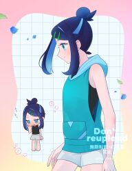 Rule 34 | 1girl, black hair, black shirt, blue hair, chibi, closed mouth, commentary request, eyelashes, falling leaves, falling petals, flower symbol, green vest, grid background, hair bun, hair ornament, hairclip, highres, hood, hood down, hooded vest, hoodie, leaf, liko (pokemon), multicolored hair, multiple views, nintendo, petals, pokemon, pokemon (anime), pokemon horizons, rei hinketsu, shirt, shorts, sidelocks, sleeveless, sleeveless shirt, smile, swept bangs, twitter username, two-tone hair, vest, watermark