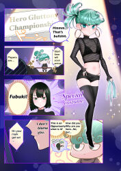 Rule 34 | 2girls, bikini, bikini under clothes, black bikini, black shirt, black shorts, black thighhighs, blush, chibi, closed mouth, comic, curly hair, earrings, fubuki (one-punch man), full body, green eyes, green hair, hoop earrings, jewelry, looking at viewer, matching hair/eyes, midriff, multiple girls, navel, one-punch man, purple background, see-through clothes, see-through shirt, shirt, short hair, short sidetail, shorts, smile, standing, swimsuit, tatsumaki, terano haruma, text focus, thighhighs, translated