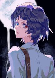 Rule 34 | 1girl, black hair, blue eyes, devil may cry, devil may cry (series), devil may cry 3, dizzycouch, heterochromia, highres, lady (devil may cry), looking at viewer, looking back, red eyes, scar, scar on face, scar on nose, shirt, single tear, white shirt