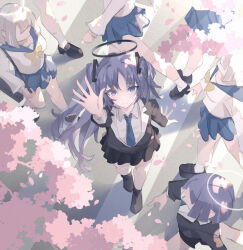 Rule 34 | 6+girls, absurdres, bag, black bag, black jacket, black shoes, black skirt, blue archive, blue necktie, blue sailor collar, blue skirt, blunt bangs, bow, cherry blossoms, closed mouth, faceless, faceless female, highres, holding, holding bag, jacket, long hair, multiple girls, necktie, purple eyes, purple hair, reaching, sailor collar, shirt, shoes, sidelocks, skirt, smile, two side up, white shirt, yellow bow, yuuka (blue archive), zxcould23