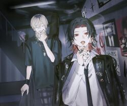 2boys anarchy_symbol black_hair black_jacket black_nails black_necktie black_shirt blonde_hair bracelet bright_pupils checkered_clothes checkered_pants cigarette closed_eyes collared_shirt cowboy_shot cross cross_earrings cross_necklace ear_piercing earrings fangs grey_pants hair_between_eyes highres holding holding_cigarette indoors jacket jacket_on_shoulders jewelry male_focus medium_hair multicolored_hair multiple_boys multiple_rings necklace necktie number-only_commentary open_mouth original pants piercing poster_(object) railing red_hair ring shirt smoke st31010 stairs standing stud_earrings teeth tongue tongue_out two-tone_hair upper_body upper_teeth_only white_pupils white_shirt zipper