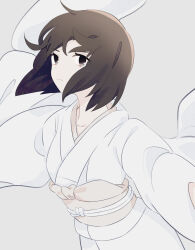 Rule 34 | 1girl, black eyes, black hair, commentary request, frown, highres, japanese clothes, kara no kyoukai, kimono, medium hair, obi, profile, ryougi shiki, sash, solo, suzuakks, upper body, white kimono, wide sleeves