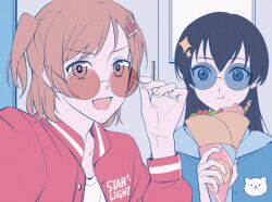 2girls :d :t adjusting_eyewear aijou_karen animal_print archived_source bear bear_print black_hair blue-tinted_eyewear blue_eyes blue_jacket brown_eyes brown_hair closed_mouth collared_jacket commentary crepe crown_hair_ornament door eating english_text fingernails food food_on_face hair_between_eyes hand_on_eyewear holding holding_crepe holding_food indoors jacket kagura_hikari long_sleeves looking_at_viewer multiple_girls open_clothes open_jacket open_mouth ph_(ph200010) polar_bear print_jacket red-tinted_eyewear red_jacket round_eyewear selfie shirt short_hair short_twintails shoujo_kageki_revue_starlight smile sparkle_hair_ornament striped_collar striped_sleeve_cuffs sunglasses symbol-only_commentary text_print tinted_eyewear twintails upper_body white_shirt