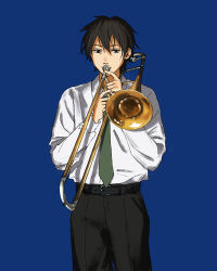 Rule 34 | 1boy, absurdres, belt, black eyes, black hair, black pants, blue background, ebat0ke1, green necktie, highres, instrument, long sleeves, male focus, music, necktie, original, pants, playing instrument, shirt, short hair, solo, standing, trombone, white shirt
