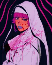 1girl blood blood_on_clothes blood_on_face blood_splatter copyright_request cross cross_necklace crossed_arms dark-skinned_female dark_skin eyeliner guimpe highres jewelry lips lipstick makeup mole mole_under_eye necklace nomorebananana nun purple_eyes purple_hair purple_lips purple_theme solo symbol_in_eye traditional_nun upper_body wimple
