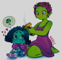 2024 2girls absurdres aqua_eyes aqua_skin black_hair breasts cleavage colored_skin commentary disgust_(inside_out) dress english_commentary envy_(inside_out_2) green_eyes green_hair green_skirt hair_rollers hair_straightener hands_on_own_cheeks hands_on_own_face heart highres holding holding_hair_straightener inside_out inside_out_2 medium_breasts medium_dress multiple_girls purple_eyes purple_shirt rerensai11 seiza shirt signature sitting skirt smile socks sparkle steam