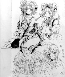 1boy 1girl absurdres ahoge asymmetrical_legwear back_bow bandaid bandaid_on_cheek bandaid_on_face bespectacled blunt_bangs blush bored bow bowtie bra bracelet braid breasts breasts_out calligraphy_brush chinese_commentary chinese_text closed_eyes closed_mouth commentary_request corset covered_mouth detached_sleeves double_bun earrings fishnet_kneehighs floral_print flower flower_knot glasses greyscale hair_bun hair_flower hair_ornament hair_ribbon hairband highres holding holding_calligraphy_brush holding_paintbrush hood hood_down hoodie jacket jacket_partially_removed jewelry kamu_(poulro) kneehighs kneeling large_breasts light_blush long_hair long_sleeves low-tied_long_hair messy_hair mismatched_legwear monochrome multiple_views neck_ribbon original paintbrush photo_(medium) ribbon ribbon_earrings round_eyewear scar short_hair single_kneehigh single_leg_pantyhose single_sock single_stripe socks sphere_earrings striped_bow striped_bowtie striped_clothes thick_eyebrows traditional_media translation_request twin_braids underwear upper_body wide_sleeves