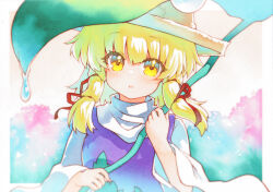 1girl blonde_hair blush brown_hat hair_ribbon hat highres leaf_umbrella long_hair long_sleeves looking_at_viewer moriya_suwako parted_lips purple_vest red_ribbon ribbon rinka_(qqqrinkappp) shirt solo touhou traditional_media tress_ribbon upper_body vest water_drop white_shirt wide_sleeves