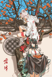 2girls absurdres architecture arknights artist_name black_hair blue_eyes boots breasts chinese_commentary coat commentary_request dragon_girl dragon_horns dragon_tail dress dusk_(arknights) east_asian_architecture fan_mu_zhang food fruit gradient_hair grey_hair hair_over_one_eye highres horns long_hair long_sleeves medium_breasts multicolored_hair multiple_girls necktie nian_(arknights) persimmon picking_fruit pointy_ears red_eyes red_necktie sleeveless sleeveless_dress smile tail tree white_boots white_coat white_hair