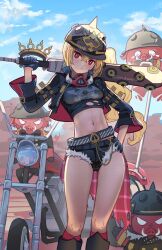 1girl baseball_bat black_gloves black_helmet black_jacket black_shirt black_shorts blonde_hair boar combat_helmet crop_top fur-trimmed_shorts fur_trim gloves helmet highres holding holding_baseball_bat jacket long_hair looking_at_viewer luciana_de_montefio lucy&#039;s_crew_(zenless_zone_zero) mask mask_around_neck metal_baseball_bat micro_shorts motor_vehicle motorcycle navel pickelhaube red_eyes shirakawafel shirt shorts side_ponytail zenless_zone_zero