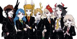 6+girls alternate_costume alternate_eye_color alternate_hair_color animal_ears animal_print antlers belt bird black_eyes black_hair black_jacket black_necktie black_pants blonde_hair blue_hair blue_necktie breasts brown_eyes brown_hair brown_headwear brush buttons chicken cigarette closed_mouth collarbone collared_jacket collared_shirt colored_skin commentary_request cow_print cowboy_hat crossed_arms double_bun dragon_tail ebisu_eika eyes_visible_through_hair fang green_necktie grey_belt grey_hair grey_shirt hair_bun hair_ribbon hand_in_pocket hand_on_own_face hand_up hands_in_pockets hands_on_own_hips hands_up haniyasushin_keiki hat horns horse_tail jacket joutouguu_mayumi kicchou_yachie kurokoma_saki light_brown_hair long_hair long_sleeves looking_at_viewer looking_to_the_side medium_breasts meimaru_inuchiyo multicolored_hair multiple_girls necktie niwatari_kutaka no_headwear open_clothes open_jacket open_mouth orange_eyes orange_hair orange_necktie orange_shirt own_hands_together ox_ears pants pink_hair pocket polka_dot polka_dot_necktie ponytail purple_eyes red_eyes red_hair red_necktie red_shirt ribbon shirt short_hair simple_background smile standing tail teeth tongue tools touhou turtle_shell two-tone_hair ushizaki_urumi v-shaped_eyebrows white_background white_ribbon white_shirt wily_beast_and_weakest_creature wings yellow_necktie yellow_shirt yellow_skin