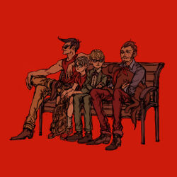 Rule 34 | 4boys, animal, animal on lap, backpack, bag, bench, black hair, blonde hair, boney, bow, bowtie, brown hair, crossed arms, crossed legs, dog, duster (mother), facial hair, formal clothes, glasses, goatee, hand on own knee, holding animal, holding dog, jeff andonuts, kurkoboltsi, lloyd (mother), mother (series), mother 1, mother 2, mother 3, multiple boys, muscular, muscular male, nintendo, on lap, red background, scarf, second-party source, shirt, shoes, shorts, sitting, sneakers, socks, suit, sunglasses, t-shirt, tank top, teddy (mother), unworn backpack, unworn bag, white hair