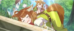 2girls ahoge amy_(konosuba) animal_ear_fluff animal_ears armband bow braided_sidelock brown_hair building child closed_eyes closed_mouth day double-parted_bangs fang game_cg hair_between_eyes hair_bow hair_ornament hairclip hands_on_own_chin hat highres kono_subarashii_sekai_ni_shukufuku_wo! konosuba!_fantastic_days light_blush long_hair medium_hair miia_(konosuba) mole mole_under_eye multiple_girls nurse nurse_cap official_alternate_costume official_art on_ground open_mouth outdoors pink_armband red_bow sidelocks smile sunlight swept_bangs tail top-down_bottom-up tree