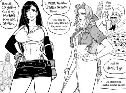 2boys 2girls absurdres aerith_gainsborough bb_(baalbuddy) breasts chef cleavage collarbone english_text final_fantasy final_fantasy_vii food highres italian_senate_porn_livestream_(meme) large_breasts leaning_tower_of_pisa looking_at_viewer meme multiple_boys multiple_girls muscular muscular_male navel pizza speech_bubble stomach tank_top tifa_lockhart toned toned_female