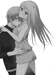 1boy 1girl absurdres asgykk bare_back bare_shoulders blush breasts brother_and_sister camisole collarbone hickey hickey_marks hickeys_on_neck highres hoshino_aquamarine hoshino_ruby incest legs long_hair long_sleeves looking_at_viewer medium_breasts monochrome open_mouth oshi_no_ko shirt short_hair shorts siblings simple_background sleeveless star-shaped_pupils star_(symbol) star_in_eye symbol-shaped_pupils symbol_in_eye thighs twins waist_grab white_background