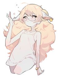 1girl absurdres ahoge animal_ears bare_shoulders bell blonde_hair brown_eyes camisole closed_mouth commentary_request cropped_legs curled_horns ear_tag expressionless fluffy fluffy_hair glasses hand_up highres horns jingle_bell light_blush long_hair motion_lines myomuron original petite see-through_clothes semi-rimless_eyewear sheep_ears sheep_girl sheep_horns simple_background solo spaghetti_strap squeans under-rim_eyewear white_background wristband
