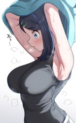 Rule 34 | 1girl, absurdres, armpits, black hair, black tank top, blue eyes, blush, breasts, hair ornament, hairclip, heavy breathing, highres, kiteman442, large breasts, liko (pokemon), multicolored hair, nintendo, pokemon, pokemon (anime), pokemon horizons, shorts, sleeveless, sweat, sweater, tank top, undressing