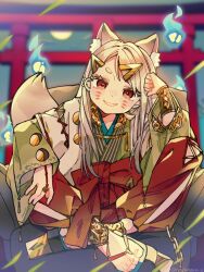 Rule 34 | 1girl, animal ear fluff, animal ears, black sandals, commentary request, crossed legs, fox ears, fox girl, fox tail, full body, geta, green kimono, grey hair, grin, hakama, hakama pants, hand up, highres, hitodama, japanese clothes, kimono, long hair, long sleeves, looking at viewer, notamaru 2, original, pants, parted lips, red eyes, red hakama, sandals, sitting, smile, solo, tail, tengu-geta, torii, wide sleeves