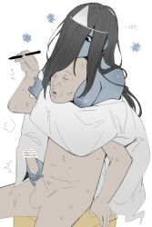 Rule 34 | 1boy, 1girl, arm support, arm up, bald, bar censor, black eyes, black hair, blue skin, breasts, breasts out, censored, closed eyes, colored skin, completely nude, dress, ettone, ghost, hair over one eye, handjob, hetero, highres, hitodama, holding, holding pen, hug, hug from behind, large breasts, long hair, looking at another, nipple piercing, nude, old, old man, original, pen, penis, piercing, saliva, simple background, sitting, snowflakes, sweat, white background, white dress