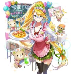 Rule 34 | 1girl, apron, baby animal, bear, bird, black thighhighs, blonde hair, breasts, chalkboard, chick, food, frilled apron, frills, glasses, goblin, green skirt, holding, holding plate, large breasts, long hair, maid headdress, masyu yuyu, omelet, omurice, pink apron, piyokichi (uchihime), plaid clothes, plaid skirt, plate, ponytail, shirt, skirt, thighhighs, torte zief, uchi no hime-sama ga ichiban kawaii, white shirt, yellow eyes