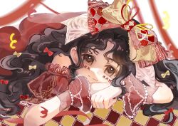 1girl absurdres argyle_bow bare_shoulders bead_bracelet beads black_hair bow bracelet brown_eyes chinese_commentary closed_mouth commentary_request confetti crimson_rhapsody_(infinity_nikki) detached_sleeves dress facepaint frilled_sleeves frilled_wrist_cuffs frills hair_bow hair_ribbon highres hime_lolita infinity_nikki jewelry lace-trimmed_bow lace-trimmed_sleeves lace_trim lolita_fashion long_dress long_hair lying multiple_hair_bows nikki_(series) on_stomach parted_bangs plaid_clothes plaid_wrist_cuffs puffy_short_sleeves puffy_sleeves qingxu red_bow red_dress red_ribbon red_skirt ribbon short_sleeves skirt sleeveless sleeveless_dress smile solo streamers two-tone_bow two-tone_ribbon upper_body very_long_hair wavy_hair white_background white_ribbon wrist_cuffs yellow_bow yellow_ribbon