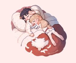 1boy 1girl alfonse_(fire_emblem) bed bird blanket blonde_hair blue_hair feathers feh_(fire_emblem_heroes) fire_emblem fire_emblem_heroes hair_ornament hug long_hair mushi_rags nintendo owl sharena_(fire_emblem) short_hair simple_background sleepy smile sweat sweatdrop