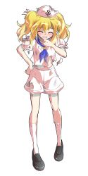 1girl ^_^ anchor_print anchor_symbol black_shoes blonde_hair blue_neckerchief blue_sailor_collar blush closed_eyes commentary_request cropped_shirt dairi defeat double-parted_bangs full_body hair_between_eyes hair_over_shoulder hair_ribbon hand_on_own_chin hand_on_own_hip hand_up hat highres kitashirakawa_chiyuri large_variant_set long_bangs long_hair midriff_peek navel neckerchief nervous_smile open_mouth phantasmagoria_of_dim.dream pink_hat pink_ribbon pink_serafuku pink_shirt pink_shorts pink_socks raised_inner_eyebrows ribbon sailor_collar sailor_hat school_uniform serafuku shirt shoes shorts simple_background smile socks solo standing straight-on sweatdrop tachi-e torn_clothes torn_hat torn_shirt torn_shorts torn_socks touhou touhou_(pc-98) transparent_background two_side_up variant_set