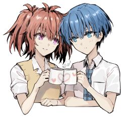 2girls akuma_no_riddle azuma_tokaku blue_eyes blue_hair cup ichinose_haru minakata_sunao mug multiple_girls necktie purple_eyes red_hair school_uniform short_hair smile sweater_vest twintails upper_body white_background yuri