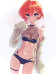 1girl :o alternate_costume ange_katrina asymmetrical_hair ayuko_ammobium bare_shoulders bikini black_bikini blue_eyes breasts collarbone commentary_request cowboy_shot dutch_angle earrings gold_earrings gold_pendant grey_jacket hair_between_eyes hair_bun hair_ornament hairpin halterneck hand_up highres jacket jewelry light_blush looking_at_viewer multi-strapped_bikini_bottom multiple_hairpins navel nijisanji off_shoulder open_clothes open_jacket open_mouth pendant red_hair see-through_cleavage see-through_clothes single_hair_intake skindentation sleeves_past_fingers sleeves_past_wrists small_breasts solo stomach swimsuit thigh_strap underboob virtual_youtuber white_background