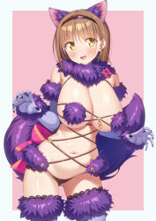 1girl animal_ears blush breasts brown_eyes brown_hair cosplay elbow_gloves fang fate/grand_order fate_(series) fur-trimmed_gloves fur-trimmed_legwear fur_bikini fur_collar fur_trim gloves halloween_costume highres hotaka_mai kazuma_(kazumav) lace lace-trimmed_legwear lace_trim large_breasts mash_kyrielight mash_kyrielight_(dangerous_beast) mash_kyrielight_(dangerous_beast)_(cosplay) navel o-ring o-ring_top open_mouth original purple_gloves purple_tail purple_thighhighs revealing_clothes short_hair solo tail thighhighs wolf_ears wolf_tail